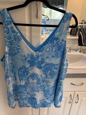 Blue and White Printed V-Neck Tank Top